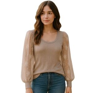 Magnolia‎ Ribbed Knit Top Sheer Floral Lace Embroidered Bishop Sleeves Medium